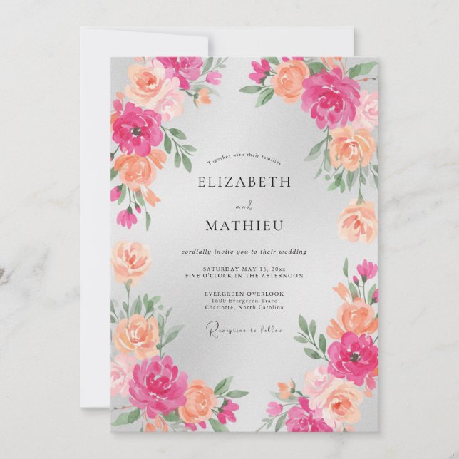 Invitation Mariage Romance Florale Corail Rose (Devant)