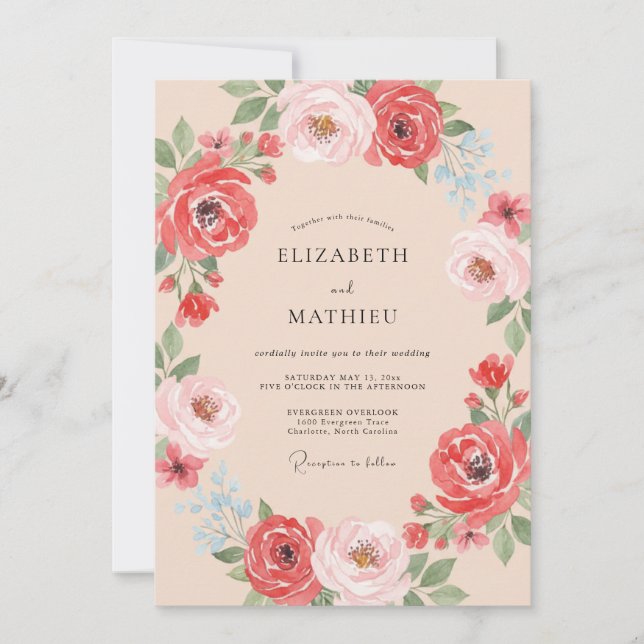 Invitation Mariage Romance Florale Corail Vivant (Devant)