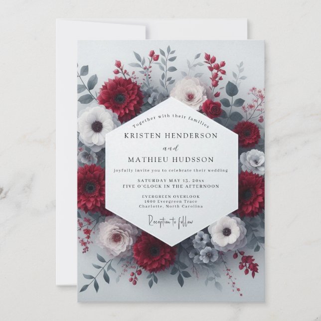 Invitation Mariage Romance Florale Cramoisi (Devant)