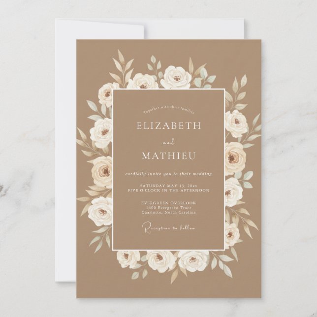 Invitation Mariage Romance Florale Crème Tanné (Devant)