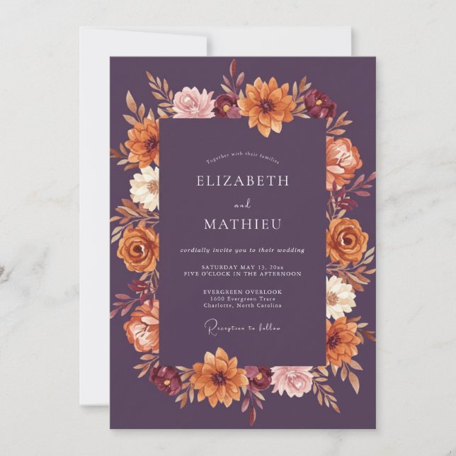 Invitation Mariage Romance Florale d'Automne aux Prunes (Devant)