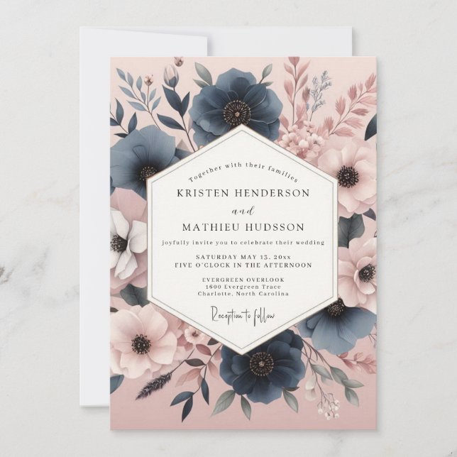 Invitation Mariage Romance Florale d'Automne Navy (Devant)
