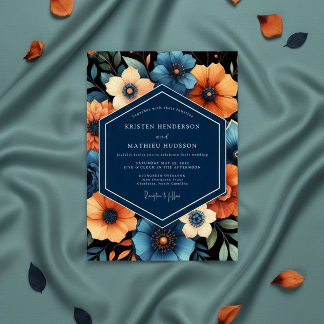 Invitation Mariage Romance Florale d'Automne Navy (Créateur téléchargé)