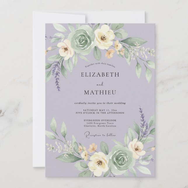 Invitation Mariage Romance Florale Délicate Lavande (Devant)