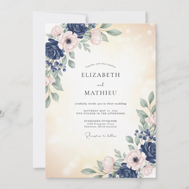 Invitation Mariage Romance Florale Délicate Navy (Devant)