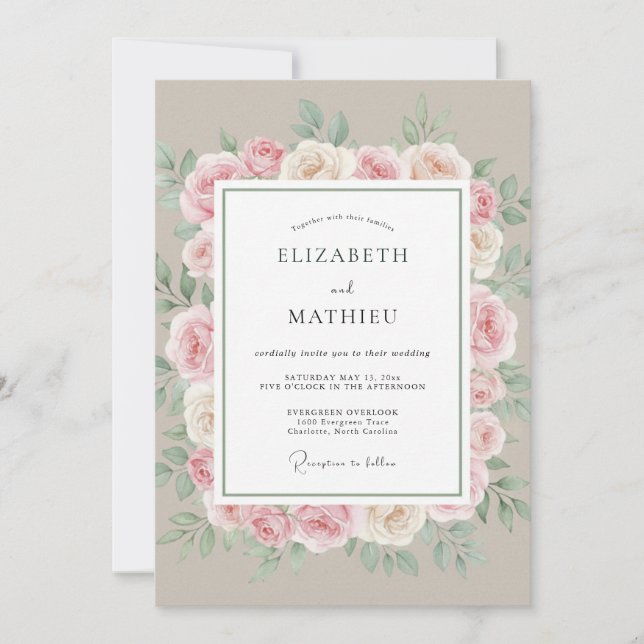 Invitation Mariage Romance Florale Délicate Rougeur (Devant)