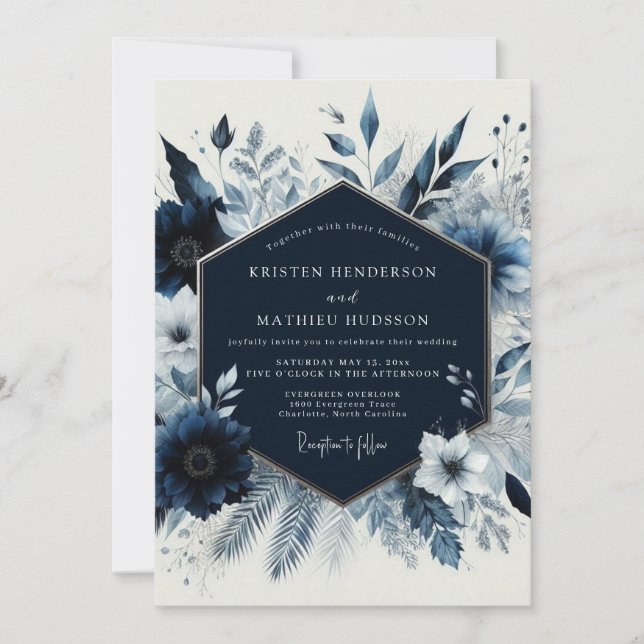 Invitation Mariage Romance Florale d'Hiver en Bleu Marine (Devant)