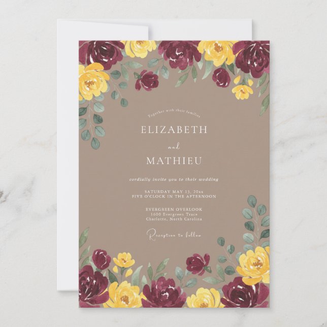 Invitation Mariage Romance Florale Dorée Bourgogne (Devant)