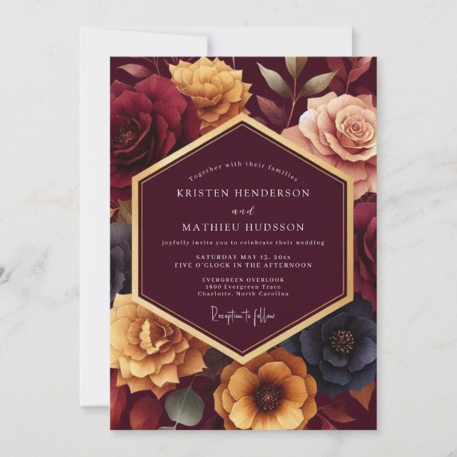 Invitation Mariage Romance Florale Dorée Bourgogne (Devant)