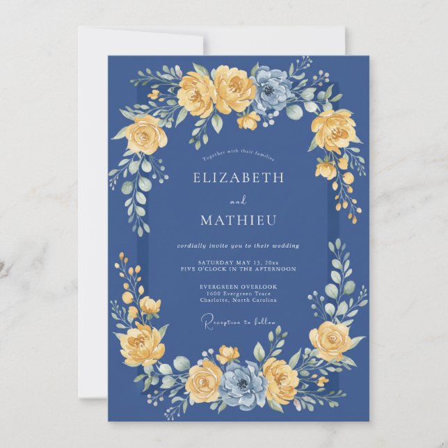 Invitation Mariage Romance Florale Dorée Navy (Devant)