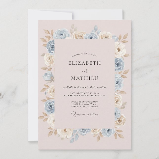 Invitation Mariage Romance Florale Douce Bleu Clair (Devant)