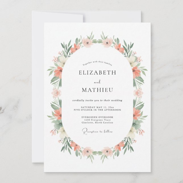 Invitation Mariage Romance Florale Douce Corail (Devant)