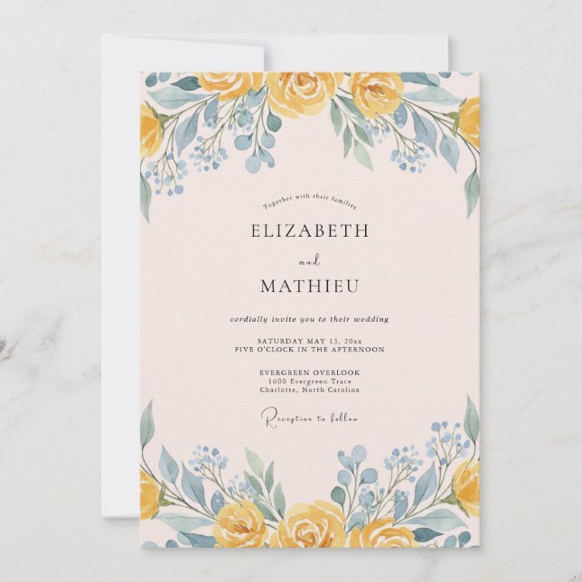 Invitation Mariage Romance Florale Douce Jaune (Devant)