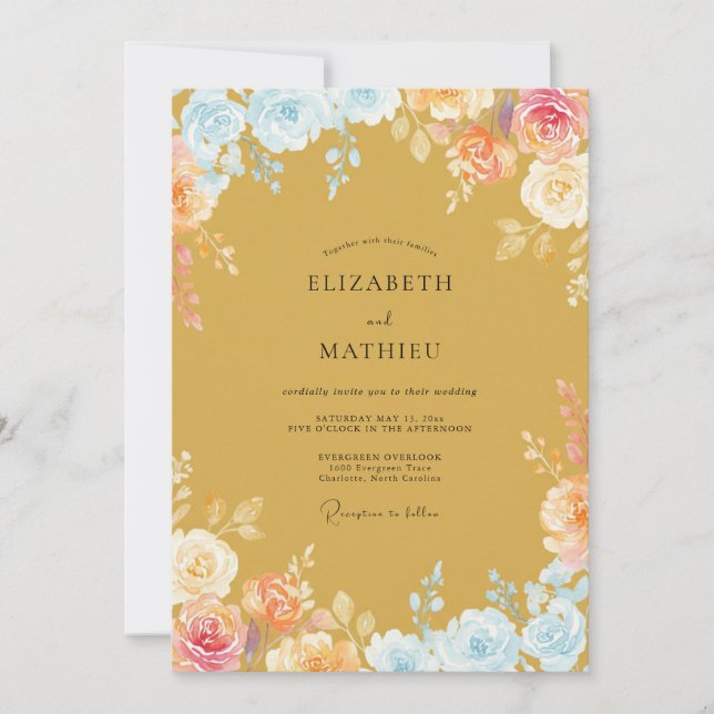 Invitation Mariage Romance Florale Douce Or (Devant)