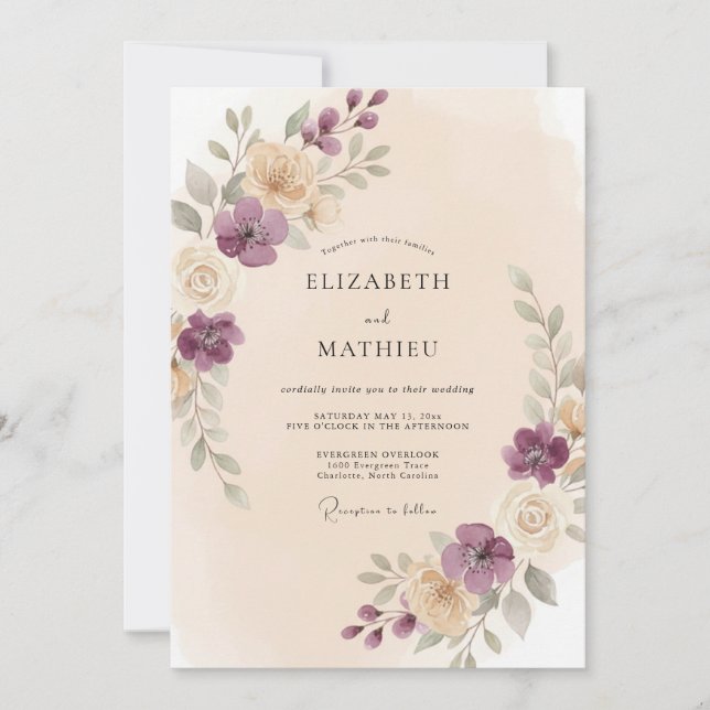 Invitation Mariage Romance Florale Douce Prune (Devant)