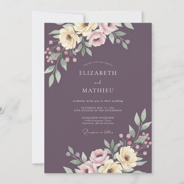 Invitation Mariage Romance Florale Élégant aux Prunes (Devant)