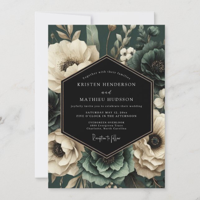 Invitation Mariage Romance Florale Émeraude Humeur (Devant)