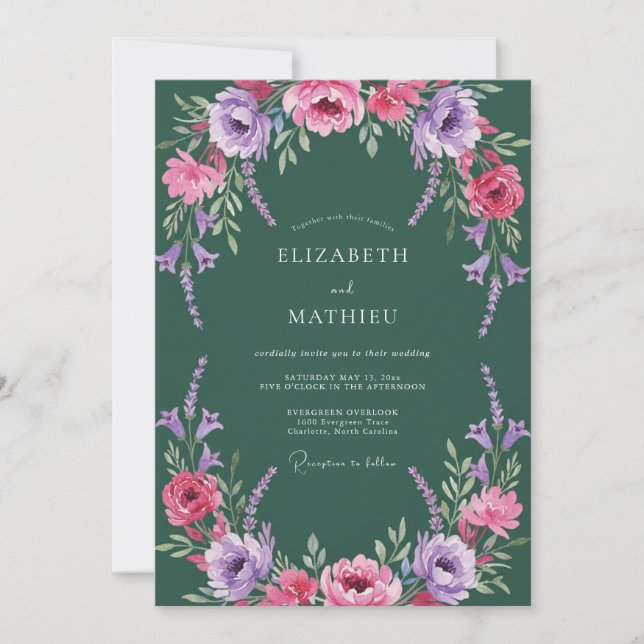 Invitation Mariage Romance Florale Émeraude Luxuriante (Devant)
