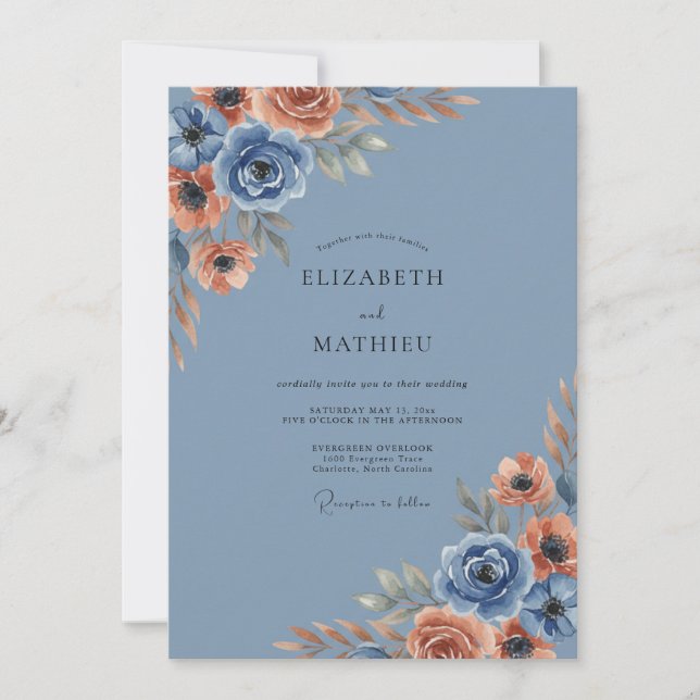 Invitation Mariage Romance Florale en Terre Cuite Bleue (Devant)