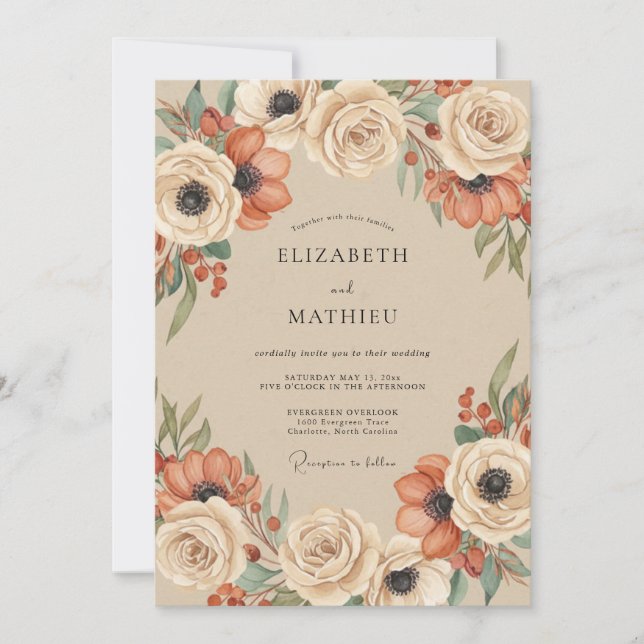 Invitation Mariage Romance Florale en Terre Cuite Crème (Devant)