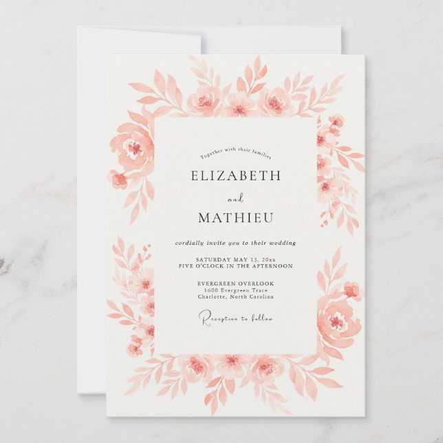 Invitation Mariage Romance Florale Ethérée Corail (Devant)