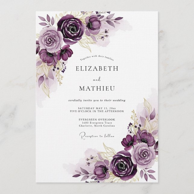 Invitation Mariage Romance Florale Éthérée de Prune (Devant)