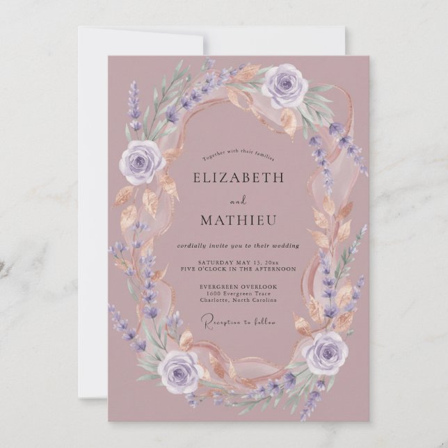 Invitation Mariage Romance Florale Éthérée Mauve (Devant)