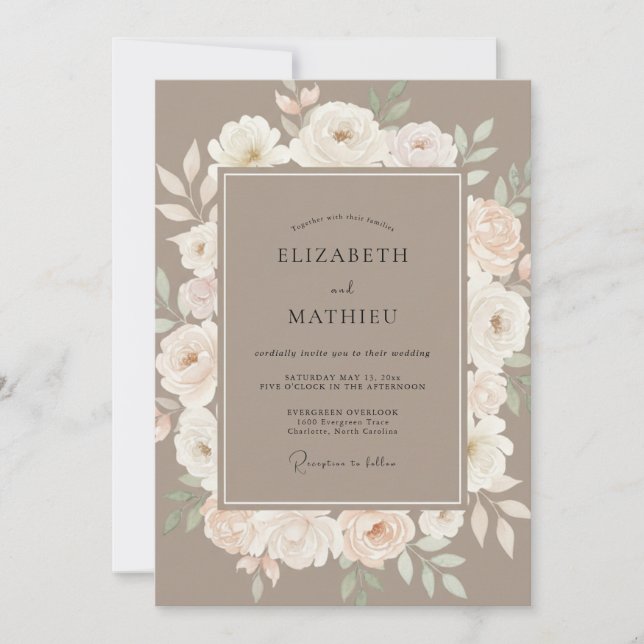 Invitation Mariage Romance Florale Éthérée Taupe (Devant)