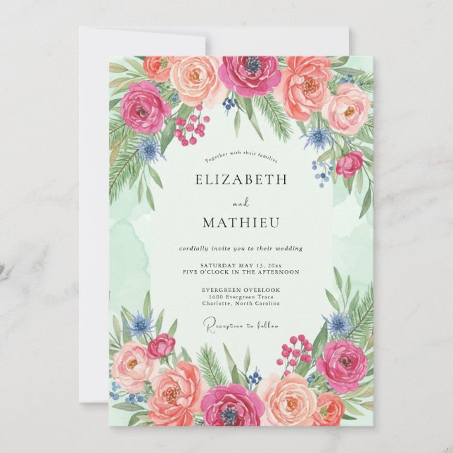 Invitation Mariage Romance Florale Fleurie de Corail (Devant)
