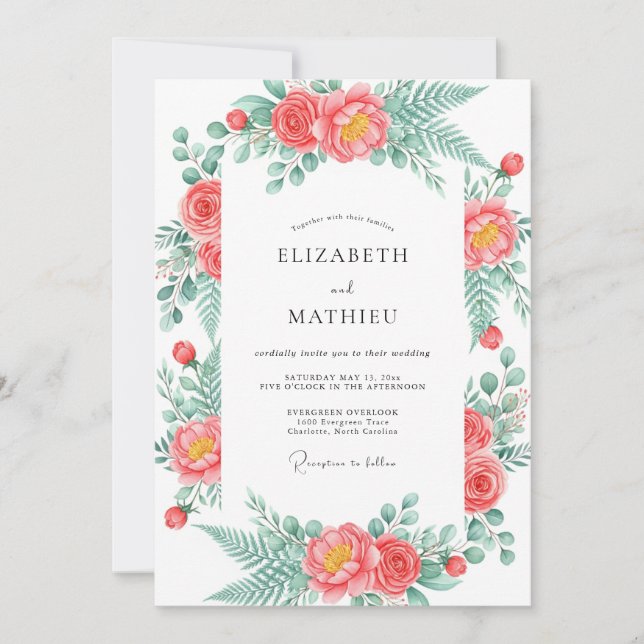 Invitation Mariage Romance Florale Fleurie de Corail (Devant)