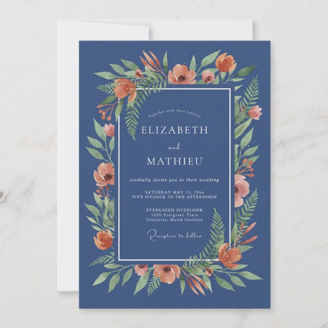 Invitation Mariage Romance Florale Impressionniste Bleu Marin (Devant)