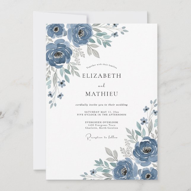 Invitation Mariage Romance Florale Impressionniste Bleue (Devant)