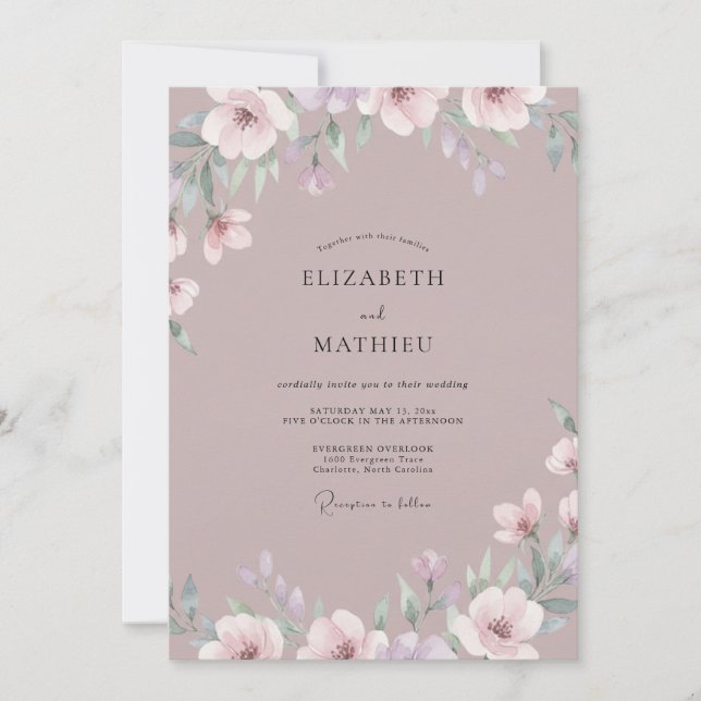 Invitation Mariage Romance Florale Impressionniste Mauve (Devant)
