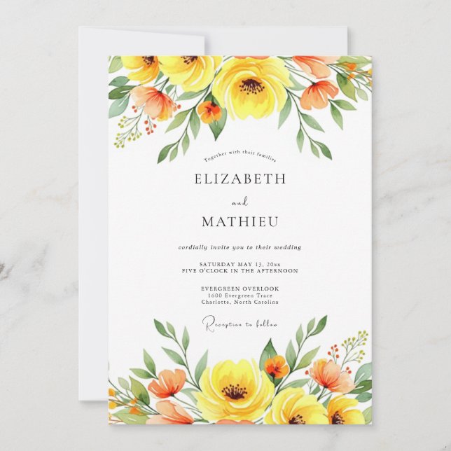 Invitation Mariage Romance Florale Jaune (Devant)