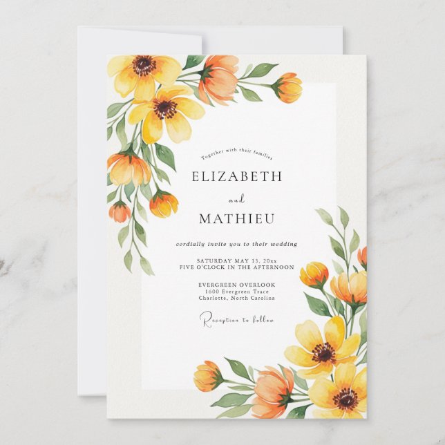 Invitation Mariage Romance Florale Jaune d'Automne (Devant)