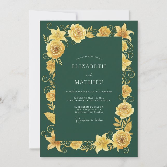 Invitation Mariage Romance Florale Jaune Doré (Devant)