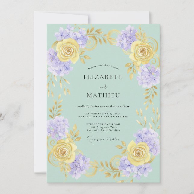 Invitation Mariage Romance Florale Jaune Menthe (Devant)