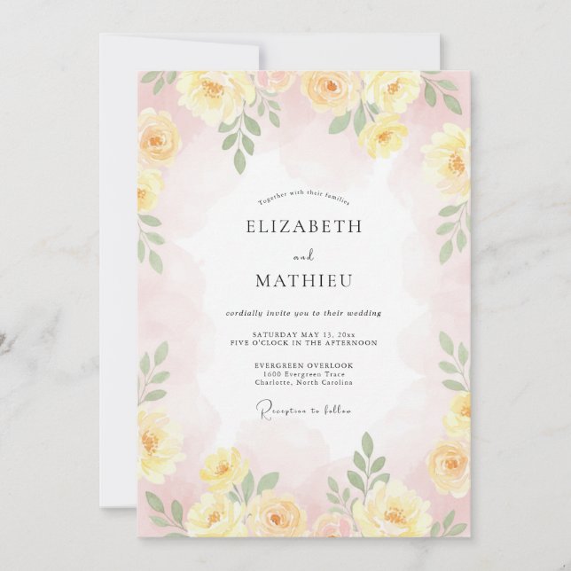 Invitation Mariage Romance Florale Jaune Pastel (Devant)