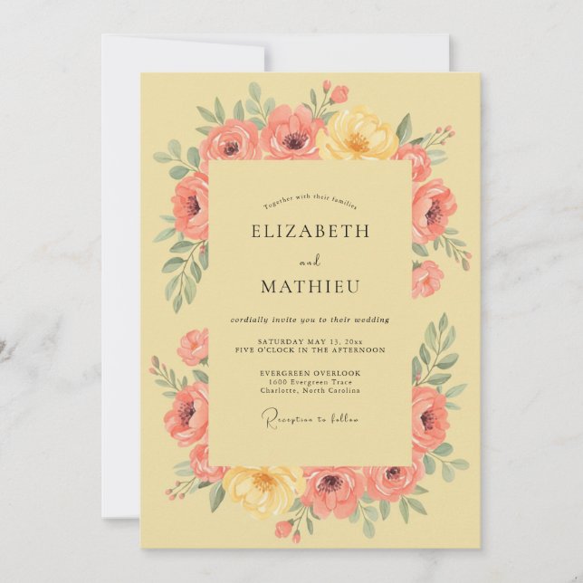 Invitation Mariage Romance Florale Jaune Pêche (Devant)