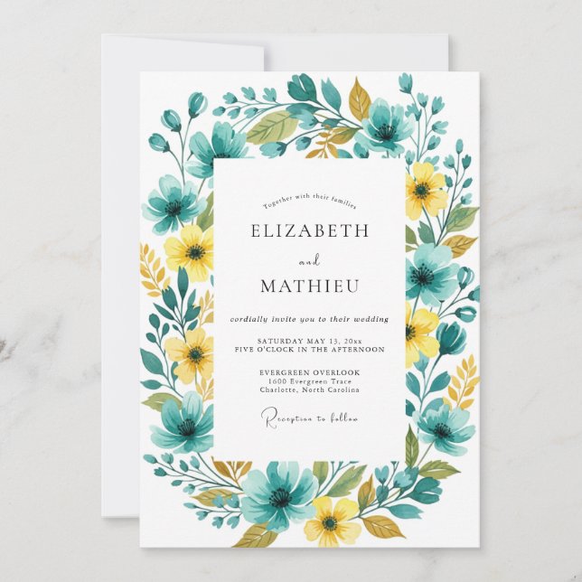Invitation Mariage Romance Florale Jaune Turquoise (Devant)