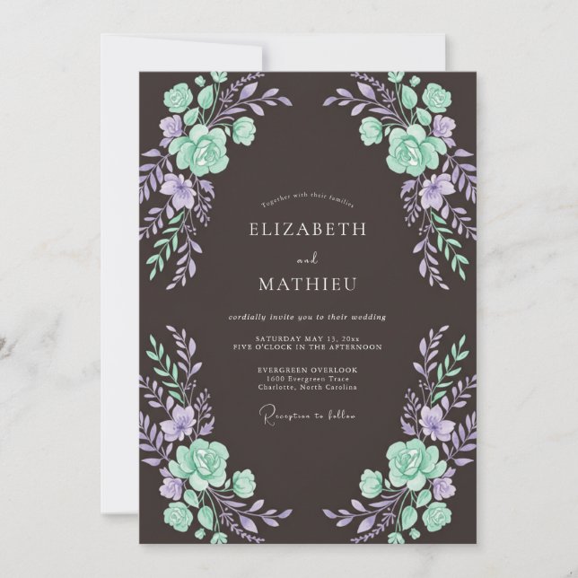 Invitation Mariage Romance Florale Lavande Sarcelle (Devant)