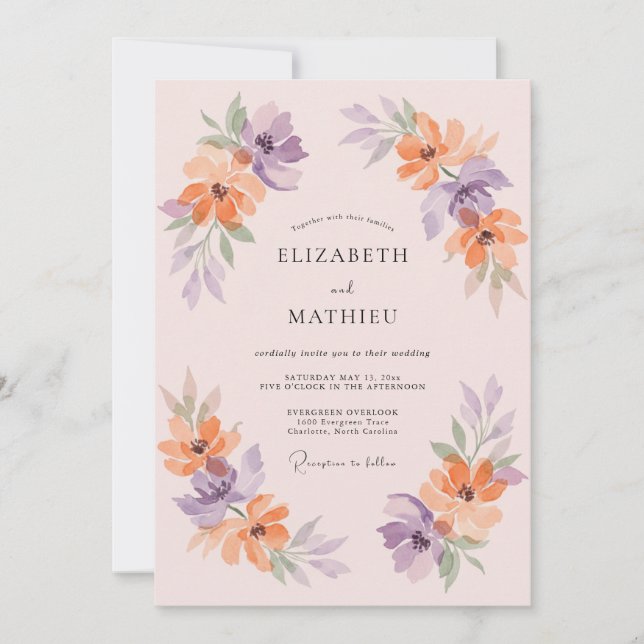 Invitation Mariage Romance Florale Lave-linge Pêche (Devant)