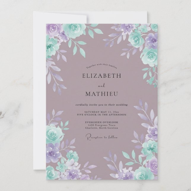 Invitation Mariage Romance Florale Lilas Sarcelle (Devant)