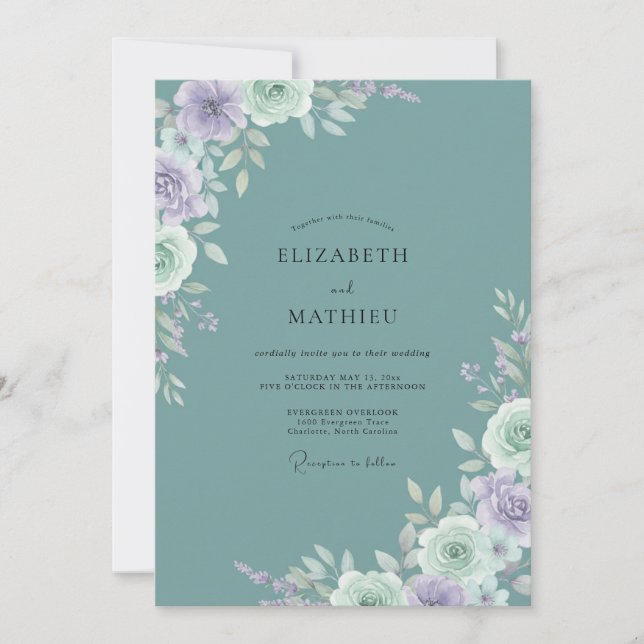 Invitation Mariage Romance Florale Murmurante Sarcelle (Devant)