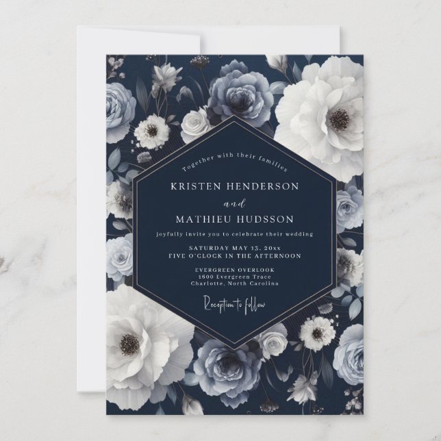 Invitation Mariage Romance Florale Navy (Devant)