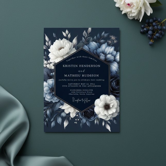 Invitation Mariage Romance Florale Navy (Créateur téléchargé)