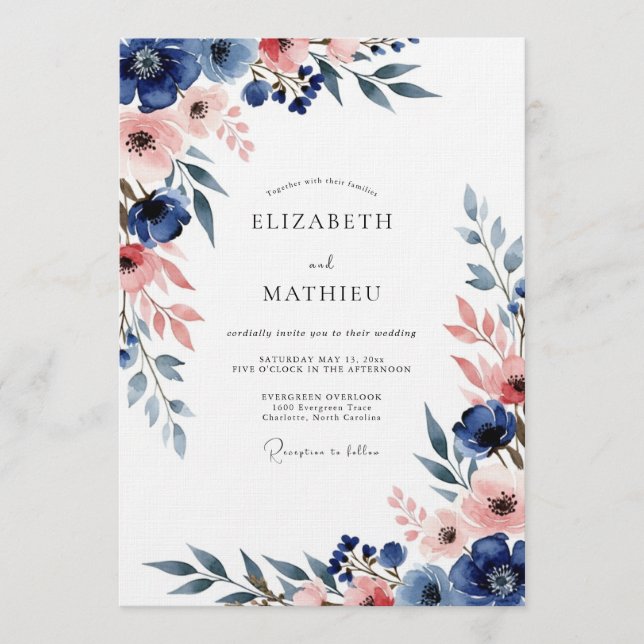 Invitation Mariage Romance Florale Navy & Blush (Devant)