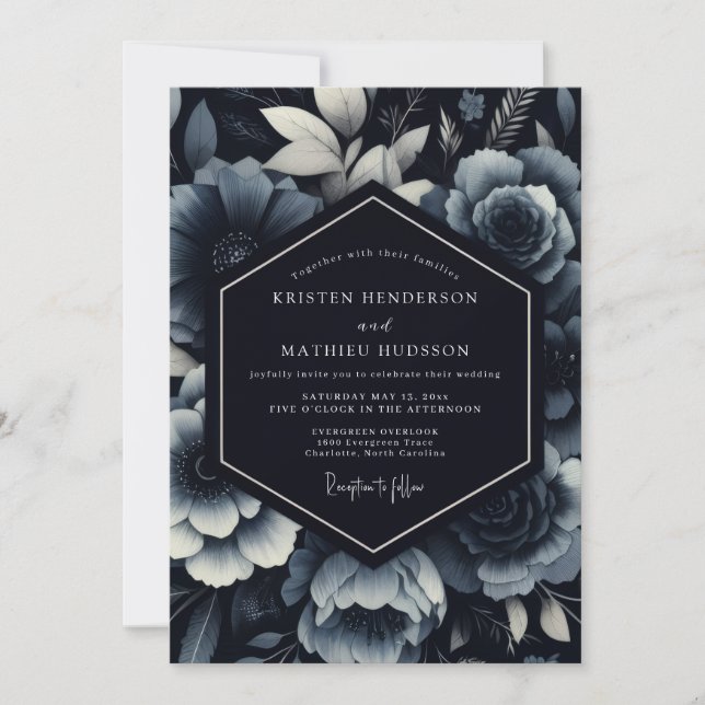 Invitation Mariage Romance Florale Navy Moody (Devant)