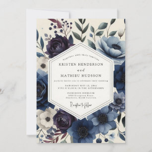 Invitation Mariage Romance Florale Navy Moody