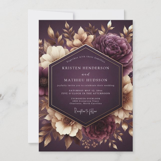 Invitation Mariage Romance Florale Nocturne aux Prunes (Devant)